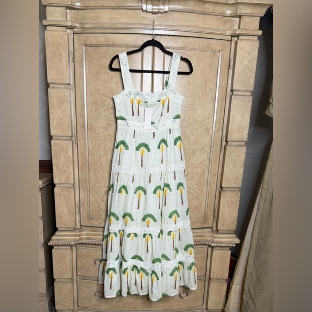 Calypso St. Barth White Sundress with Green and Yellow Palm Print